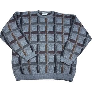 Vintage Grandpa Sweater Men 2X Gray Black Geometric Acrylic Knit Crewneck 90s US